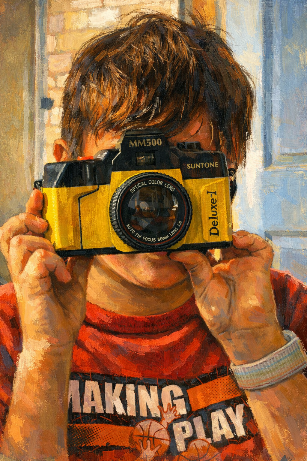 Painterly illustration of a child with a yellow camera
